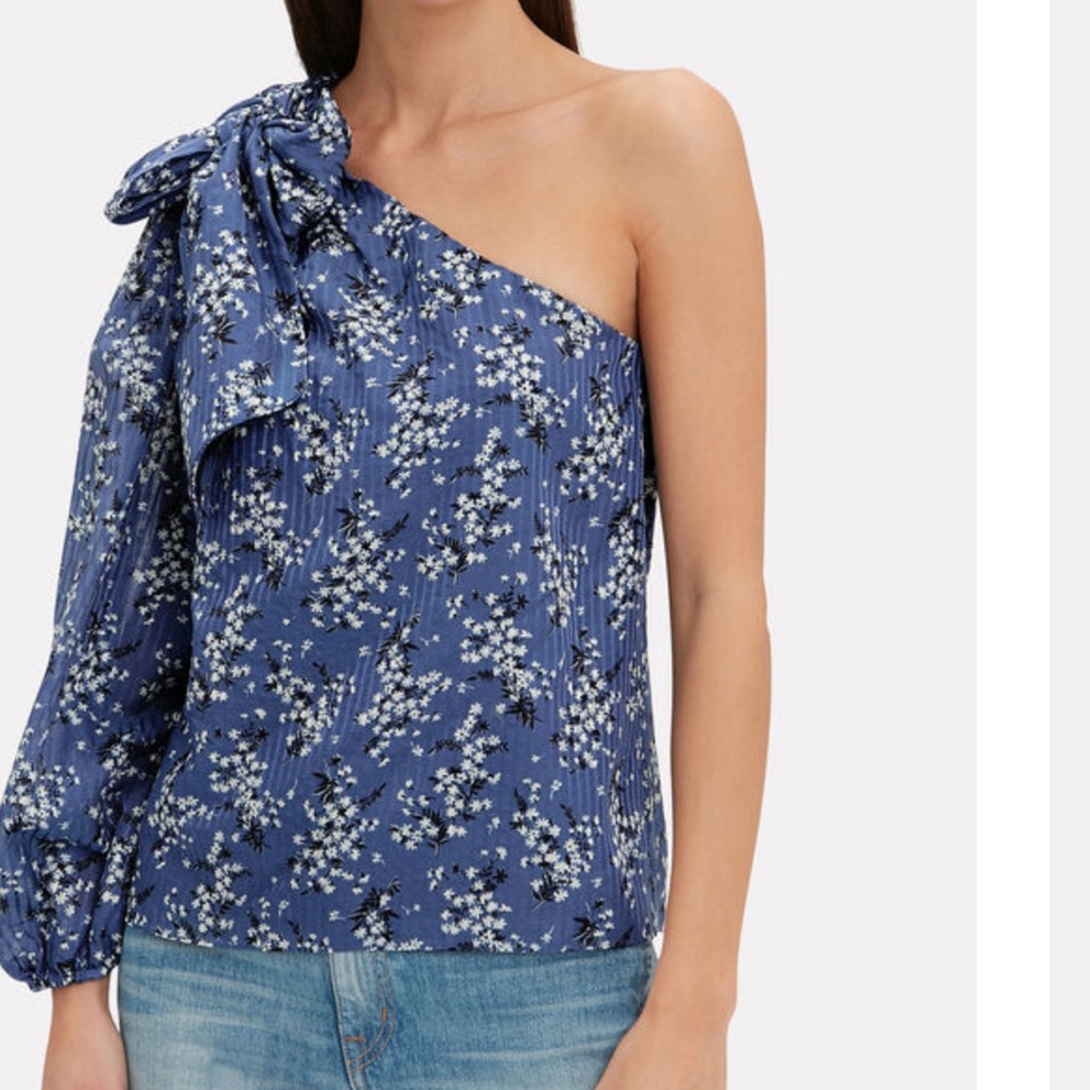 Ulla Johnson Blue Enid One Shoulder Floral Blouse With Bow Tie